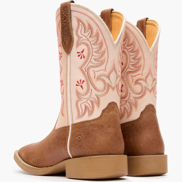 A look at the backs and heels of a pair of Durango Women's Shyloh Honey Tan and Metallic Peach Western Boots.