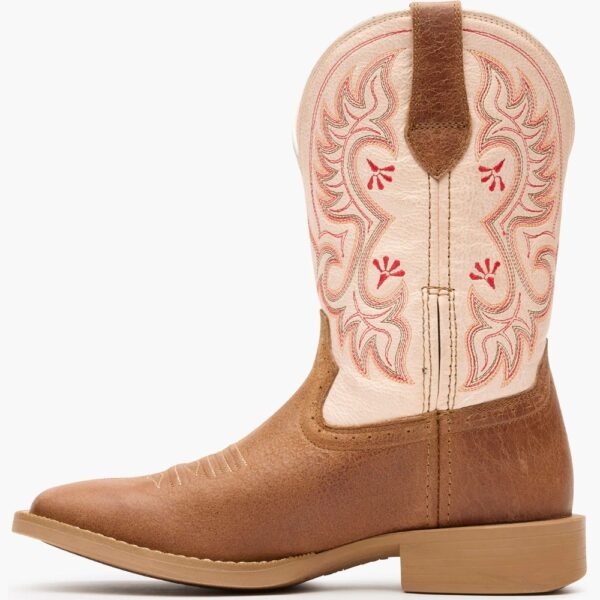 A left profile facing Durango Women's Shyloh Honey Tan and Metallic Peach Western Boot.