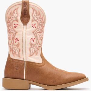 A right profile facing Durango Women's Shyloh Honey Tan and Metallic Peach Western Boot.