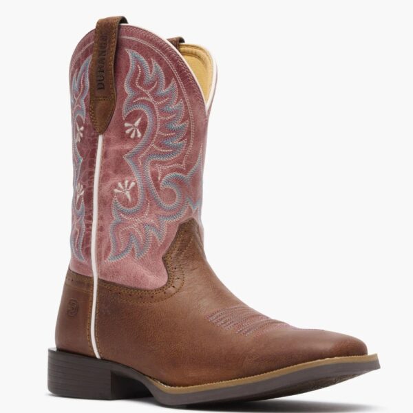A 3/4 turned Durango Women's Shyloh Rusty Brown and Dusty Rose Western Boot.