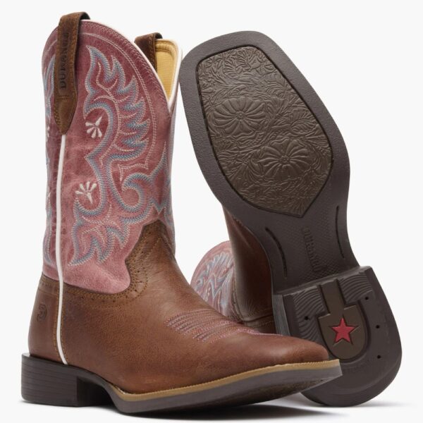 A 3/4 turned pair showing off the sole of a Durango Women's Shyloh Rusty Brown and Dusty Rose Western Boot.