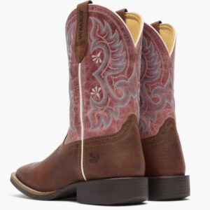 A look at the backs and heels of a pair of Durango Women's Shyloh Rusty Brown and Dusty Rose Western Boots.