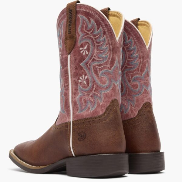 A look at the backs and heels of a pair of Durango Women's Shyloh Rusty Brown and Dusty Rose Western Boots.