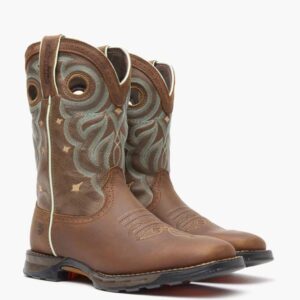 A 3/4 turned pair of Durango Maverick Women's Waterproof Pull-On Work Boots.