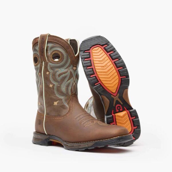 A 3/4 turned pair showing off the sole of a Durango Maverick Women's Waterproof Pull-On Work Boot.