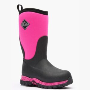 A 3/4 turned Muck Kid's Rugged II Pink Rubber Boot.