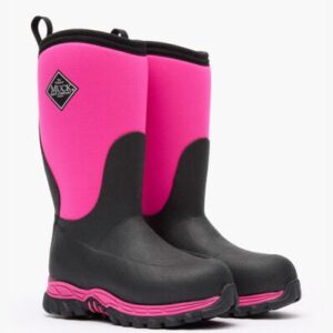 A 3/4 turned pair of Muck Kid's Rugged II Pink Rubber Boot.