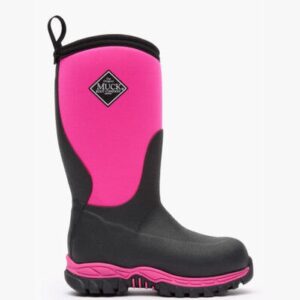 A right profile facing Muck Kid's Rugged II Pink Rubber Boot.