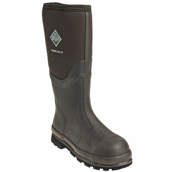 A 3/4 turned Muck Men's Chore Cool Steel Toe Tall Pull-On Boot.