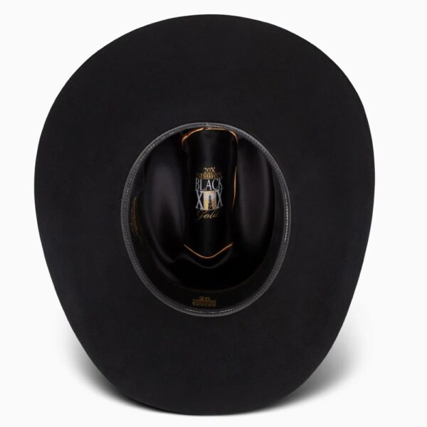 A shot of the underbrim on a Resistol 20X Black Gold 72 Profile Cowboy Hat.