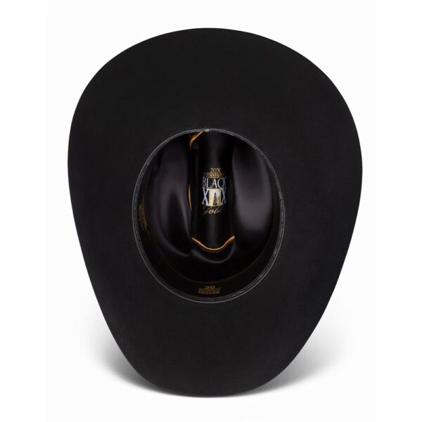 A shot of the underbrim on a Resistol 20X Black Gold Cowboy Hat.