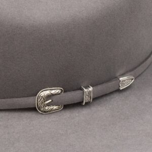 A closeup look at the hatband on a Resistol 20X Tarrant Charcoal Cowboy Hat.