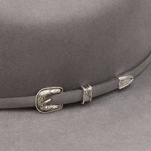 A closeup look at the hatband on a Resistol 20X Tarrant Charcoal Cowboy Hat.