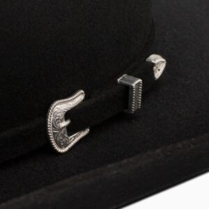 A closeup look at the hatband on a Resistol 3X Tucker 75 Profile Black Cowboy Hat.