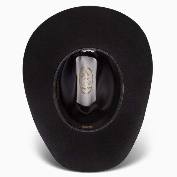 A shot of the underbrim on a Resistol 3X Tucker 75 Profile Black Cowboy Hat.