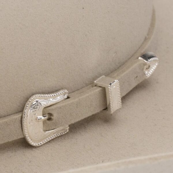 A closeup look at the hatband on a Resistol 3X Tucker Bone Cowboy Hat.