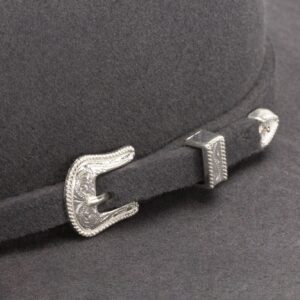 A closeup look at the hatband on a Resistol 3X Tucker Granite Cowboy Hat.