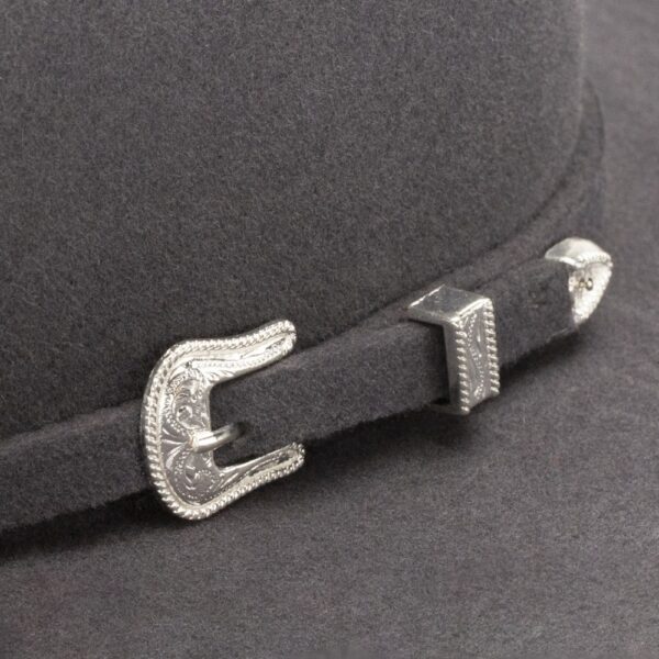 A closeup look at the hatband on a Resistol 3X Tucker Granite Cowboy Hat.