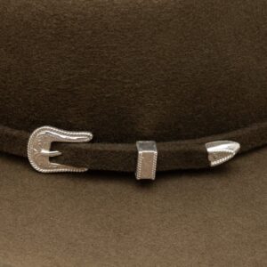 A closeup look at the hatband on a Resistol 3X Tucker Oak Cowboy Hat.