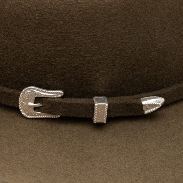 A closeup look at the hatband on a Resistol 3X Tucker Oak Cowboy Hat.