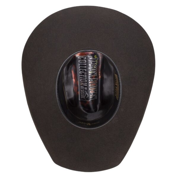 A shot of the underbrim on a Resistol 4X Amarillo Sky Chocolate - Jason Aldean Cowboy Hat.