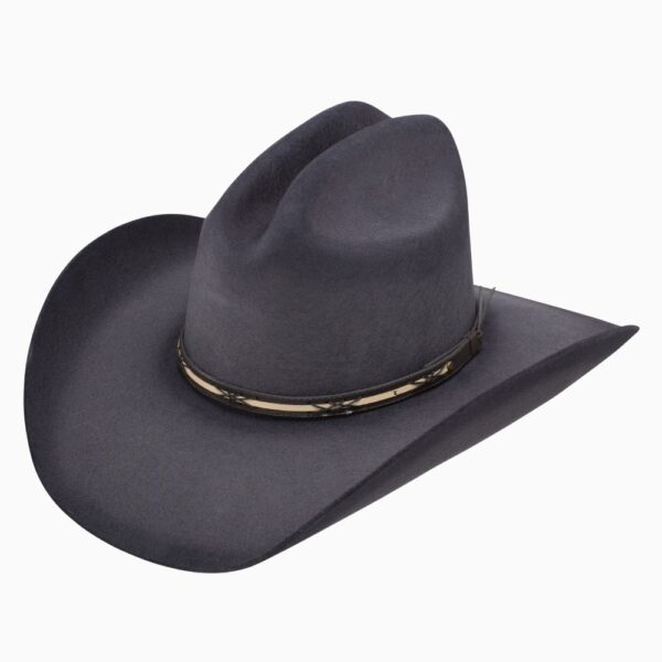 A 3/4 turned Resistol 4X Rearview Town Granite - Jason Aldean Cowboy Hat.