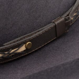 A closeup look at the hatband on a Resistol 4X Rearview Town Granite - Jason Aldean Cowboy Hat.