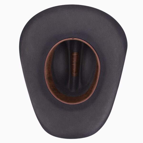 A shot of the underbrim on a Resistol 4X Rearview Town Granite - Jason Aldean Cowboy Hat.