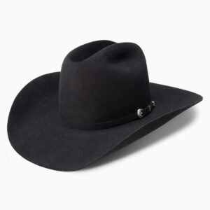 A 3/4 turned Resistol 6X Midnight Black Cowboy Hat.
