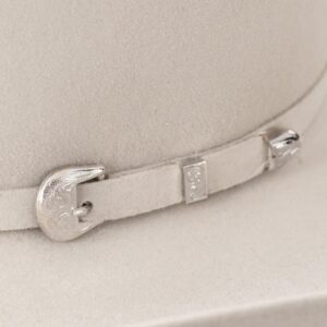 A closeup look at the hatband on a Resistol 6X Midnight Silver Belly Cowboy Hat.