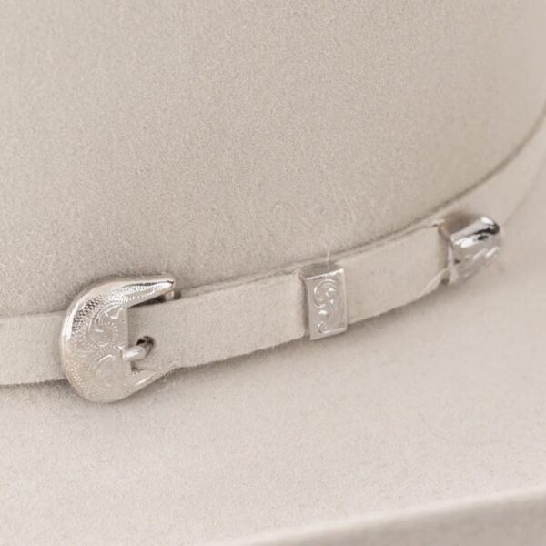 A closeup look at the hatband on a Resistol 6X Midnight Silver Belly Cowboy Hat.