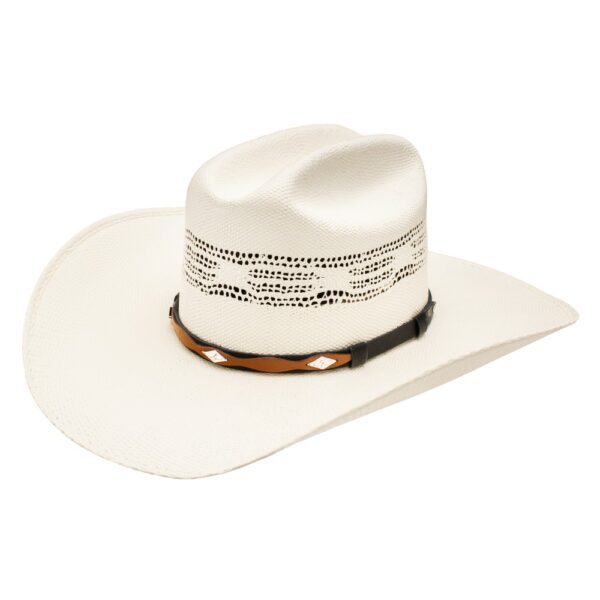A 3/4 turned Resistol 7X Anders Natural Straw Cowboy Hat.