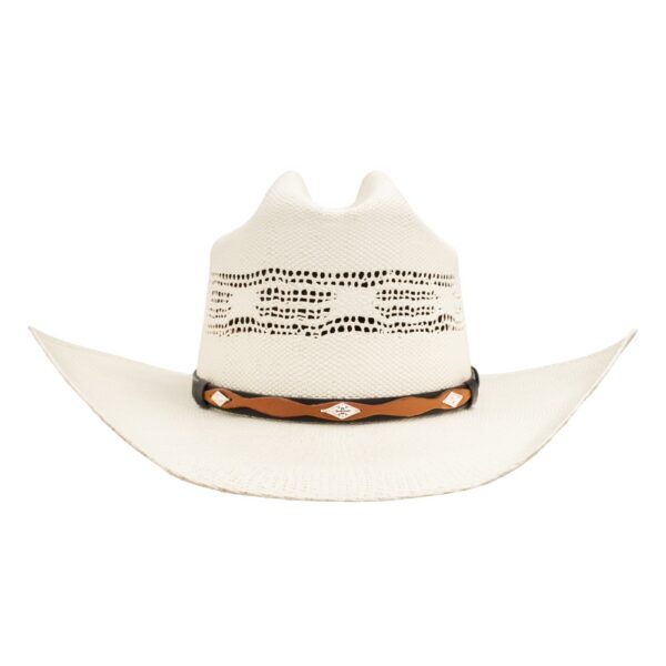 A front-facing look at the Resistol 7X Anders Natural Straw Cowboy Hat.