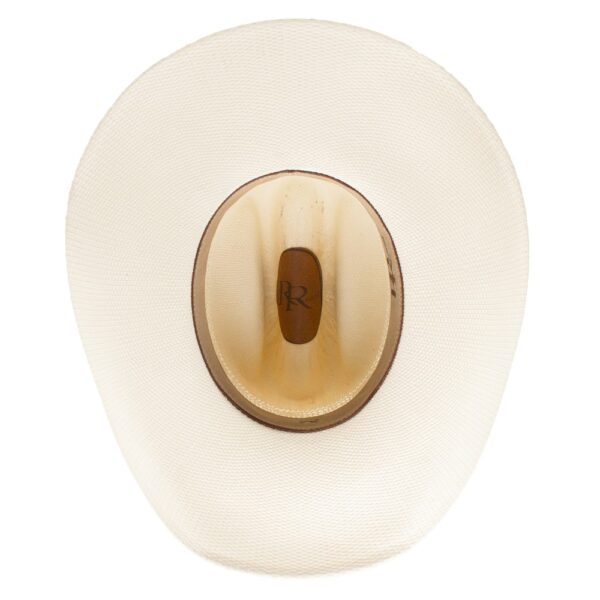 A shot of the underbrim on a Resistol 7X Anders Natural Straw Cowboy Hat.