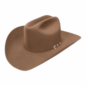 A 3/4 turned Stetson 5X Lariat Driftwood Cowboy Hat.