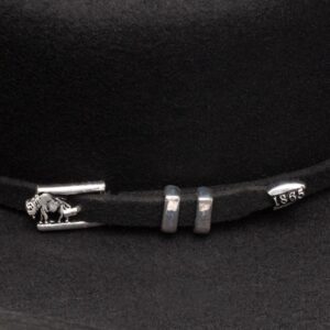 A closeup look at the hatband on a Stetson Apache 4X Black Cowboy Hat.
