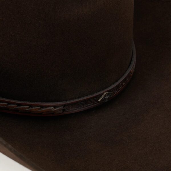 A closeup look at the hatband on a Stetson Boss of the Plains 6X Assorted Brown Cowboy Hat.