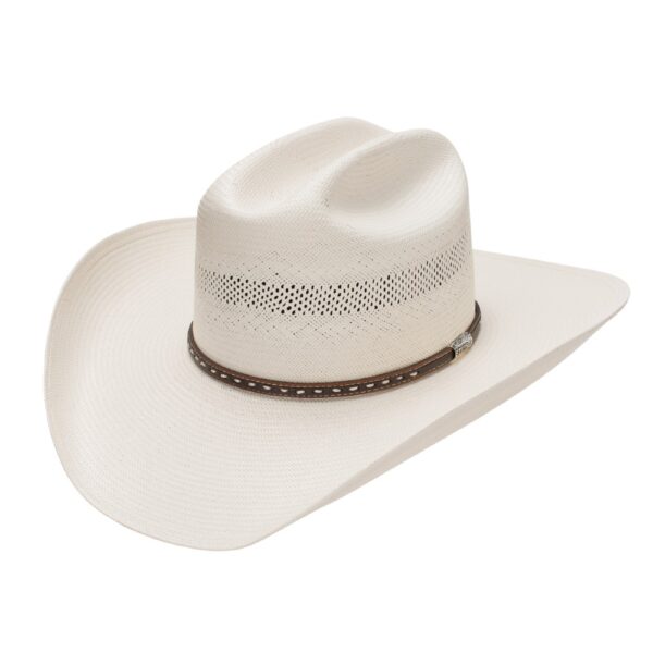 A 3/4 turned Stetson Crowley 10X Straw Cowboy Hat.