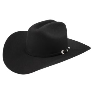 A 3/4 turned Stetson Duncan 4X Black Cowboy Hat.
