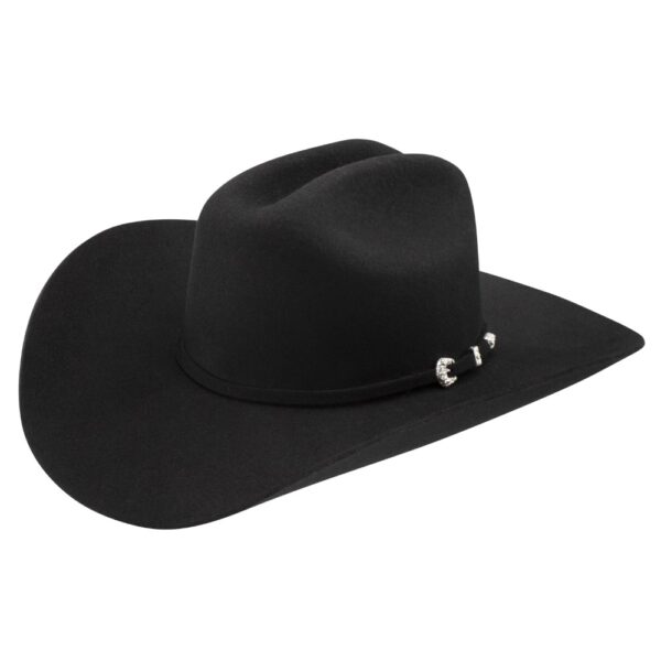 A 3/4 turned Stetson Duncan 4X Black Cowboy Hat.