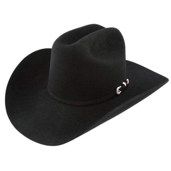 A 3/4 turned Stetson Lariat 5X Black Cowboy Hat.
