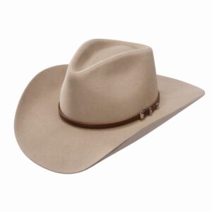 A 3/4 turned Stetson Seneca 4X Silver Sand Cowboy Hat.