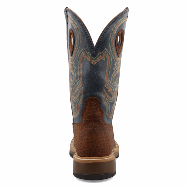 A look at the back and heel of a Twisted X Men's 12" Distressed Saddle and Peacock Horseman Western Boot.