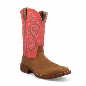 A 3/4 turned Twisted X Distressed Saddle and Salmon Tech X Western Boot.