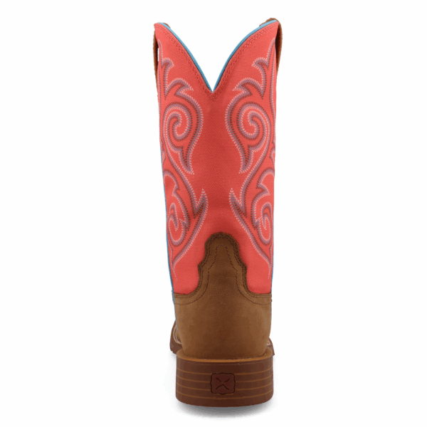 A look at the back and heel of a Twisted X Distressed Saddle and Salmon Tech X Western Boot.