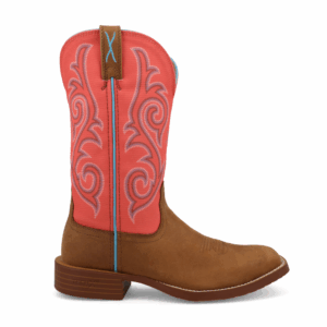 A right profile facing Twisted X Distressed Saddle and Salmon Tech X Western Boot.