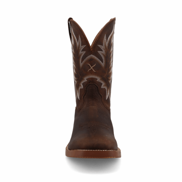 A forward-facing look at Twisted X Men's 11" Tobacco Brown and Adobe Tech X Western Boot.