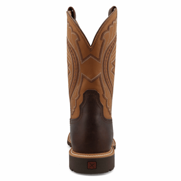 A look at the back and heel of a Twisted X Men's 11" Tortoise Shell and Adobe Tech X Western Boot.