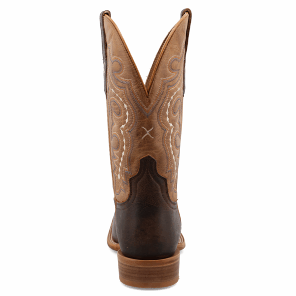 A look at the back and heel of a Twisted X Men's 12" Chocolate and Light Tan Rancher Western Boot.