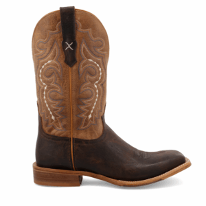 A right profile facing Twisted X Men's 12" Chocolate and Light Tan Rancher Western Boot.